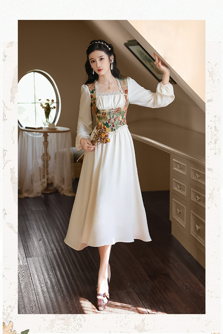 Elegant Cottage Style Princess Dresses Woman Vintage Chic Painting Corset Dress